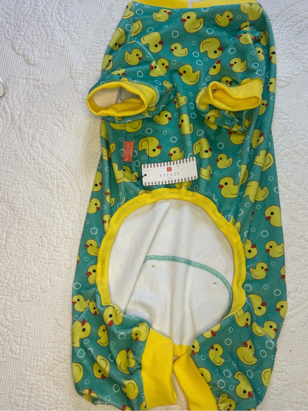 Kyeese Teal Duck Print Dog Pajamas with Yellow Trim